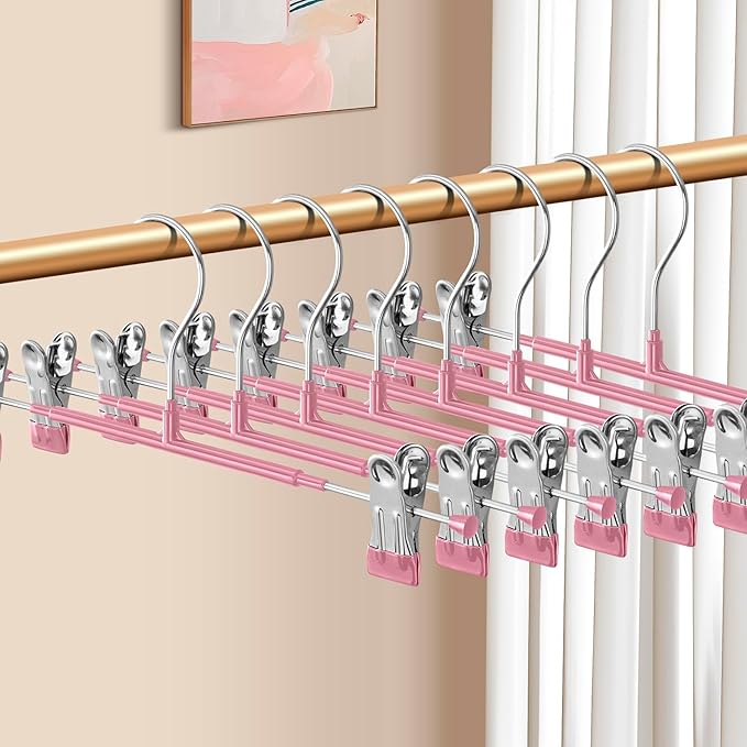 14Inch 50PACK Pants Hangers with Clips Adjustable Skirt Hangers for Women Metal Non-Slip Trousers Hanger Heavy Duty Space Saving Clothes Hanger for Shorts,Jeans,Pink