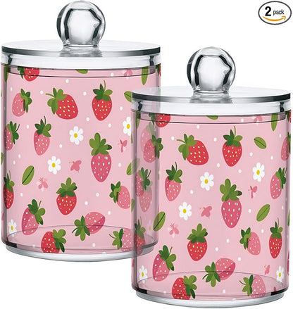 Milk Cow Qtip Holder with Lid 2PCS Apothecary Jars Storage Containers, Clear Plastic Canister for Cotton Swab,Floss Picks, Cosmetics (Daisy and Strawberry, one sizex2)