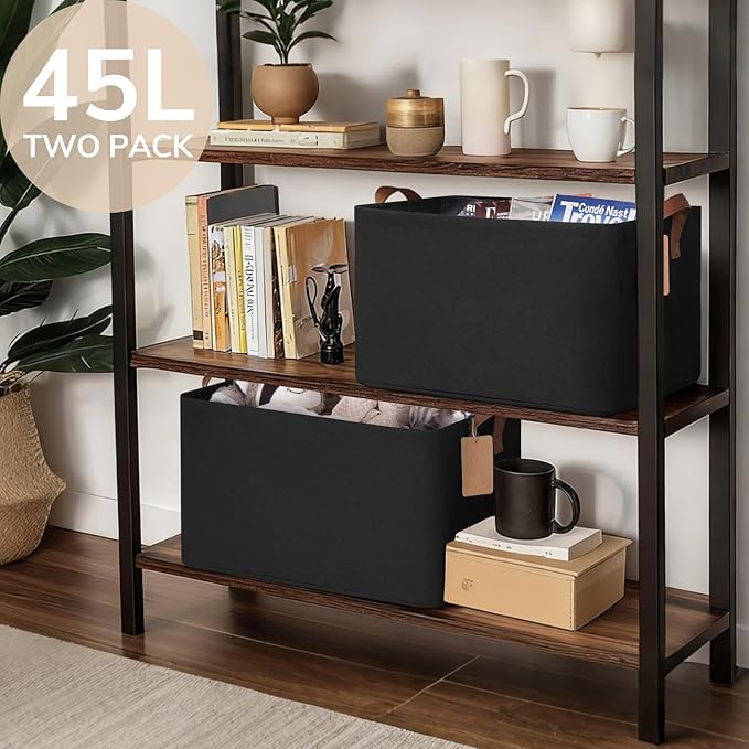 CHICVITA Storage Baskets for Shelves, Extra Large Closet Storage Bins with Metal Frame, Foldable Toy Storage Organizer for Nursery, Living Room, 19" L x 13" W x 11" H, Black, 2-Pack