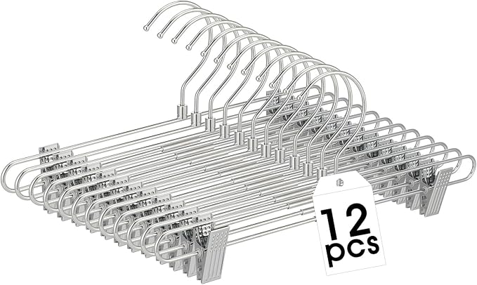 12 Pcs Metal Chrome Pant & Skirt Hanger Set with 360-degree Swivel Hooks, Metal Pant Hangers with 2-Adjustable Clip Anti-Rust Hangers for Skirt, Jeans, Slacks & Trousers
