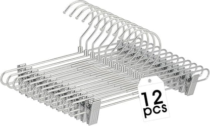 12 Pcs Metal Chrome Pant & Skirt Hanger Set with 360-degree Swivel Hooks, Metal Pant Hangers with 2-Adjustable Clip Anti-Rust Hangers for Skirt, Jeans, Slacks & Trousers