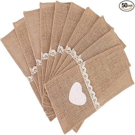 50PCS Burlap Lace Cutlery Pouch Wedding Tableware Party Decoration Holder Bag Hessian Rustic Party Supplies Decor