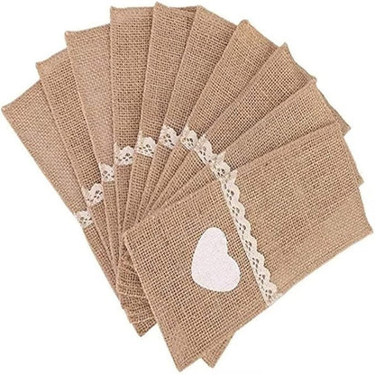 100PCS Burlap Lace Cutlery Pouch Wedding Tableware Party Decoration Holder Bag Hessian Rustic Party Supplies Decor