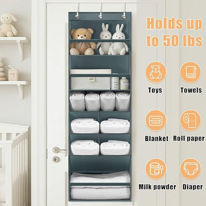 Over the Door Organizer with 6 Tiers & 11 Pockets – Multi-Purpose Hanging Door Organizer with Clear Pockets, Heavy Duty Space-Saving Closet Storage, Fits Shoes Hats Bags, Tool-Free Installation, Grey