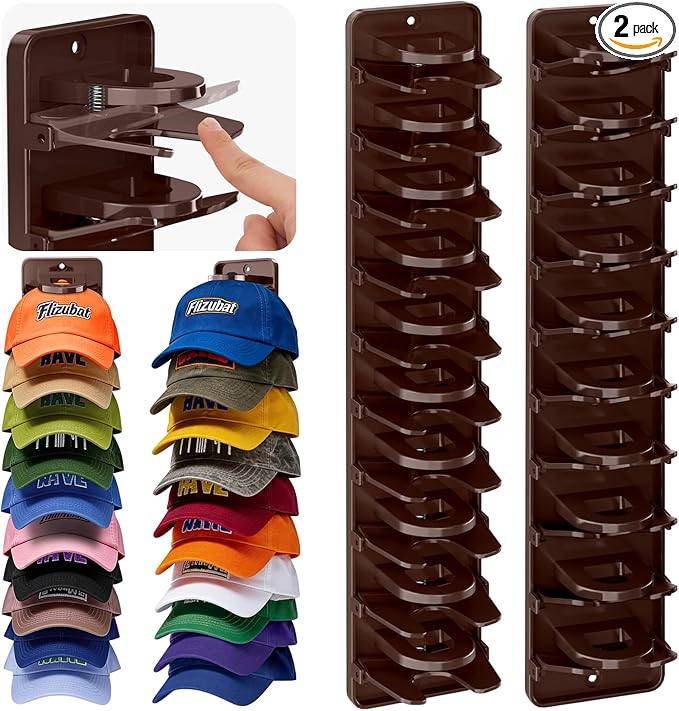 Spring Clip Hat Organizer for Baseball Caps – 2 Pack, Wall Hat Rack for Door & Closet – Keeps 20 Hats Tidy in Garage, Dorm, Man Cave – Multi-Layer Cap Storage (Brown)