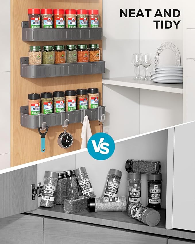 Nieifi Spice Rack Wall Mount, 4 Pack, Grey, 2 Inch Wide, Screw or Adhesive Installation, Spice Rack Organizer for Small Spice Jars, Suitable for Kitchen Cabinet or Pantry Door