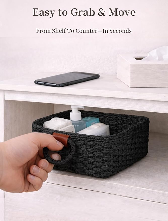 Storage Basket, Recycled Paper Rope Bathroom Basket Organizer, 3Pcs Small Baskets for Organizing, Mini wicker Basket for Decorative Storage Bins, Shelves, Bathroom, Cabinet - Black