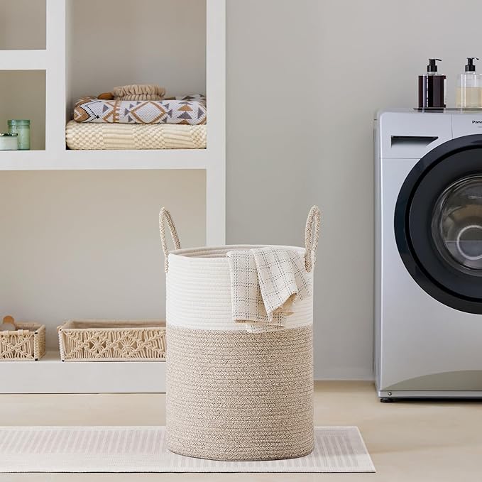 VIPOSCO Large Laundry Hamper, Tall Woven Rope Storage Basket for Blanket, Toys, Dirty Clothes in Living Room, Bathroom, Bedroom - 58L White & Brown