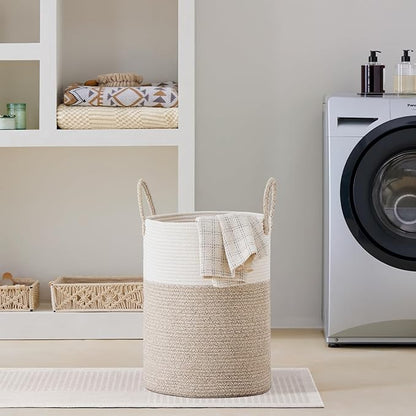 VIPOSCO Large Laundry Hamper, Tall Woven Rope Storage Basket for Blanket, Toys, Dirty Clothes in Living Room, Bathroom, Bedroom - 58L White & Brown