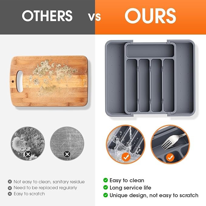 SpaceHacks Silverware Organizer，Adjustable & Expandable Utensil Drawer Organizer, BPA Free Utensil Holder, Cutlery Tray for Forks, Spoons, Knives in Kitchen, Medium, Grey