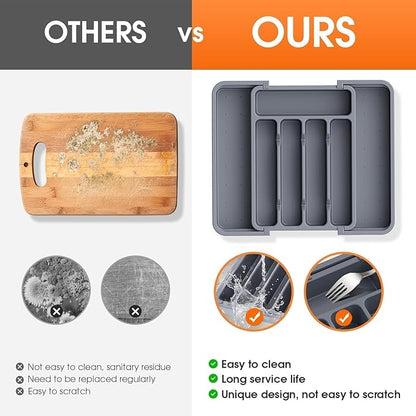 SpaceHacks Silverware Organizer，Adjustable & Expandable Utensil Drawer Organizer, BPA Free Utensil Holder, Cutlery Tray for Forks, Spoons, Knives in Kitchen, Medium, Grey