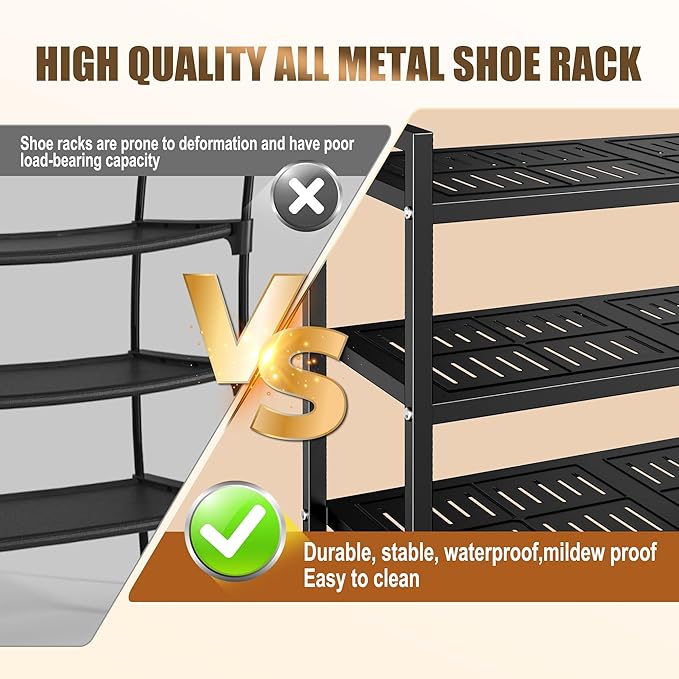 3-Tier Heavy Duty Metal Shoe Rack, 200 LBS Load Capacity, Sturdy Free Standing Shoe Storage Organizer, Holds 9-12 Pairs, 28.7" W x 9.8" D x 19.7" H Black for Entryway, Closet, Bedroom & Dorm
