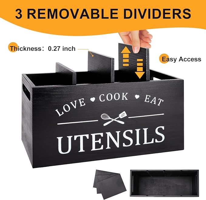 Black Farmhouse Utensil Holder for Kitchen Counter Extra Large Cooking Utensil Holder Caddy Utensils Storage Organizer for Countertop Rustic Wood Kitchen Tool Decor Utensil Crock Spatula Holder