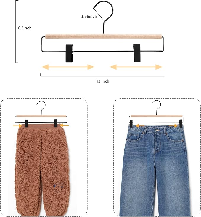 Nature Smile Beech Wooden Pants Skirt Hanger for Jeans Bottom Trousers with 2-Adjustable Black Matt Clips and Hook 10 Pack (Natural Wood+Black Metal)