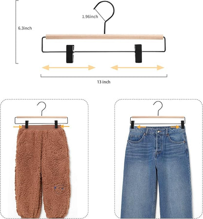 Nature Smile Beech Wooden Pants Skirt Hanger for Jeans Bottom Trousers with 2-Adjustable Black Matt Clips and Hook 10 Pack (Natural Wood+Black Metal)