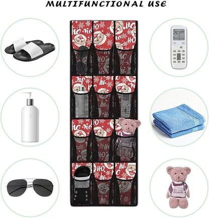 Kawaii The Santa Claus Door Hanging Shoe Organizer for Xmas Home Decor,Mesh Fabric Door Organizers and Storage Space Saving with 12 Pockets Wall Hanging Storage 4 Metal Hook