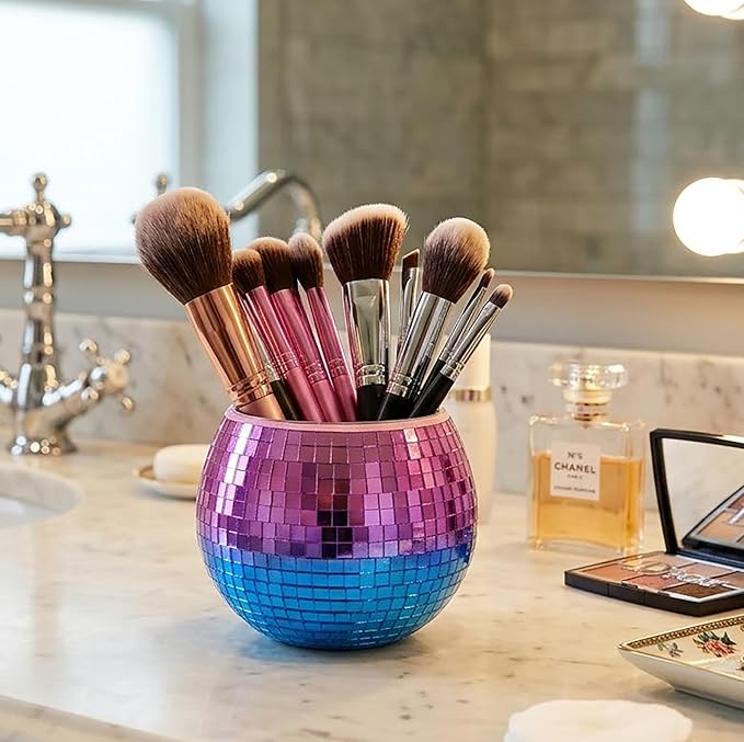 Glass Disco Ball Pen Holder with Smooth Grouting - Premium Mirror Mosaic Pencil Cup for Desk, Cute Makeup Brush Holder, Aesthetic Room Decor Gift (Iridiscente)