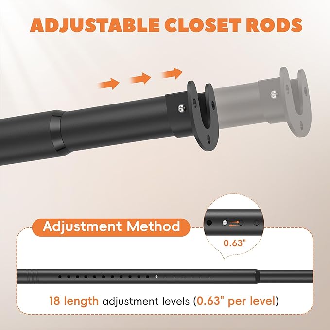 Short Closet Rod 17-39 Inches, Adjustable Heavy Duty Black Metal Closet Rods for Hanging Clothes, 1.3 Inch Diameter with Wall Brackets for Wardrobes, Laundry Room, RV