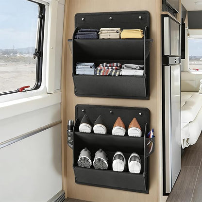 2 Pack RV Shoe Storage Organizer, Over the Door/Wall Hanging Shoe Rack with Sticky Adhesive, Large Deep Pockets for Narrow Space, Closet Camper Storage Black