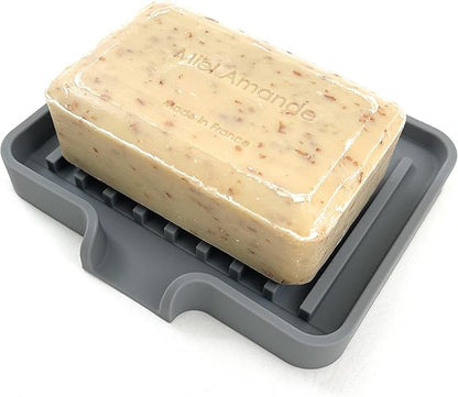 Silicone Soap Dish Tray and Sponge Holder with Drain Chute, Rectangular, Kitchen and Bathroom Sink Organizer (Grey, 5.2"x4" (Set of 2), 7.2 Ounces)