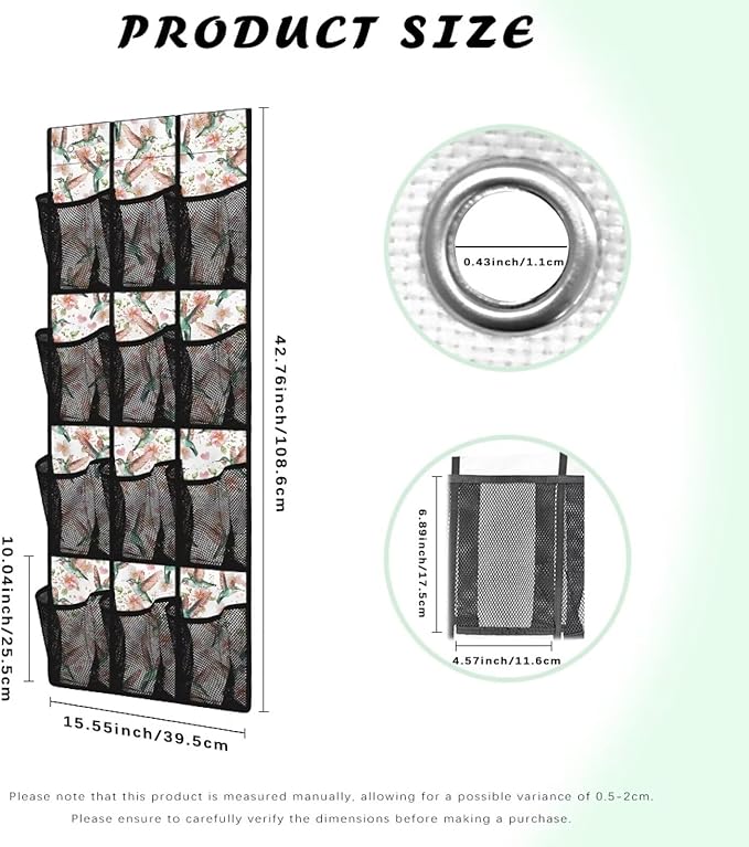 12 Large Mesh Pockets Hummingbird Over the Door Shoe Organizer Sturdy Oxford Fabric Hanging Shoe Rack for Door Shoe Organizer Door Hanger