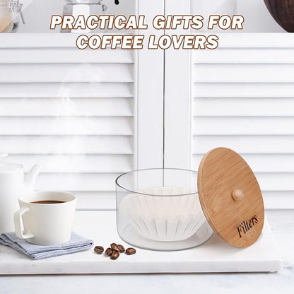 Coffee Filter Holder with Lid,Glass Coffee Filter Storage Container,Coffee Filter Dispenser,Rustic Coffee Filter Organizer Basket,Coffee Filter Container for Counter, Coffee Bar Accessories Decor