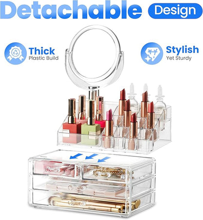 Masirs Clear Makeup Organizer with Mirror – 16-Compartment Cosmetic and Jewelry Holder, 4-Drawer Vanity Storage, Elegant Clear Design for Makeup and Accessories