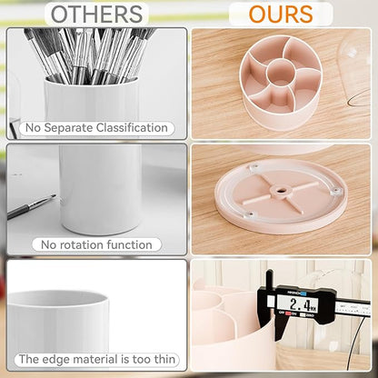 Yieach Rotating Acrylic Makeup Brush Holder with Lid for Vanity,Bathroom,Countertop,Covered Makeup Brushes Organizer,Round Spinning Cosmetic Brushes Holder and Make up Brush Storage with Cover,Pink