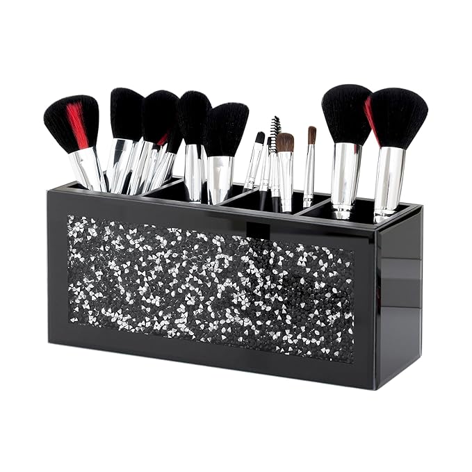 SHYFOY Black Makeup Brush Holder, 4-Compartment Makeup Organizer with Crushed Diamond Crystals, Vanity Cosmetics Organizer Solution, Pencil Holder Organizer for Desk