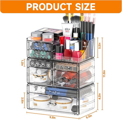 Cq acrylic Clear Make up Organizers for Vanity,Skincare Organizer With 8 Drawers for Dresser,Plastic Cute Desk Accessories Organization and Bathroom Organizers Storage Case Box for Beauty,Skin Care