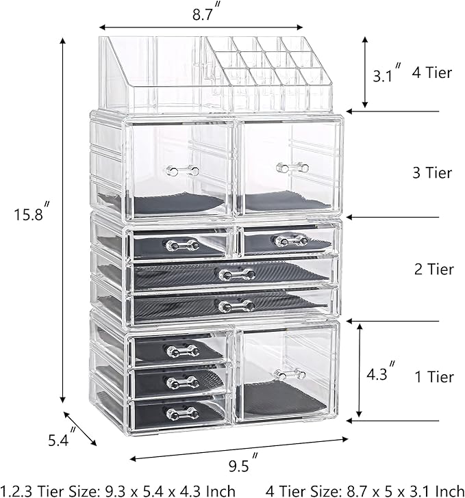 Sooyee Makeup Organizer,Make Up Organizer Stands,Acrylic Makeup Storage 10 Makeup Drawer Organizer for Bathroom, Dresser, Vanity Accessories or Countertop,Clear,4 Pieces Stackable