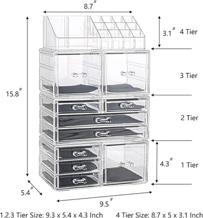 Sooyee Makeup Organizer,Make Up Organizer Stands,Acrylic Makeup Storage 10 Makeup Drawer Organizer for Bathroom, Dresser, Vanity Accessories or Countertop,Clear,4 Pieces Stackable