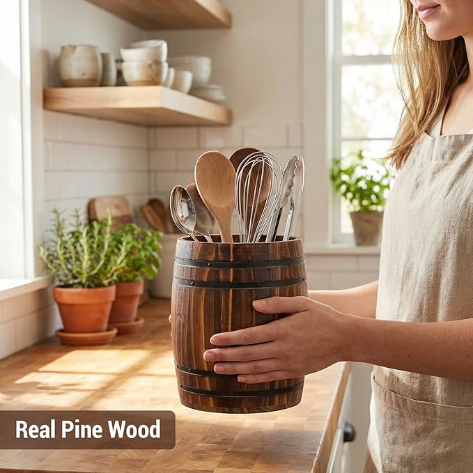 MyGift Wine Barrel Design Kitchen Utensil Crock, Vintage Rustic Burnt Wood Cooking Tool Holder