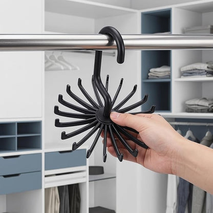 Solustre 4-Pack Rotating Plastic Tie Rack with Belt Hooks Space-Saving Closet Organizer for up to 20 Neckties and Belts Multi-Functional Hanging Storage Solution for Home and Travel