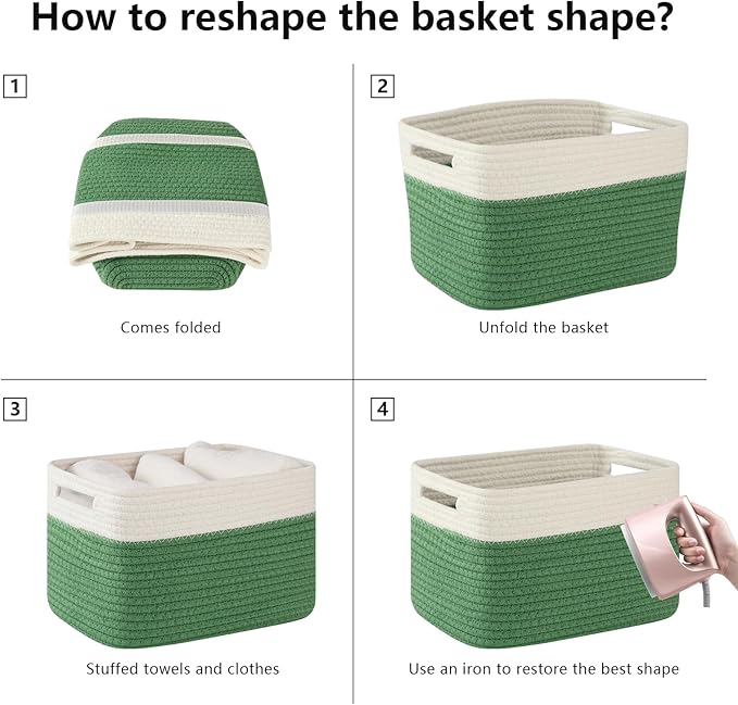 OIAHOMY 4 Pack Storage Baskets for Organizing, Basket for Shelves with Handle, Woven Baskets for Storage Toys, Towels, Books, Cotton Rope Basket 13" L x 9 " W x 7.8 " H, Olive Green & White