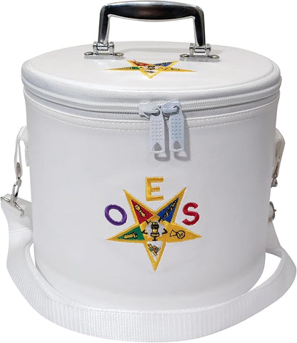 Premium Masonic OES Fez Hat Case White Leather, O in Purple Eastern Star Dual Emblems Front & Top (Machine Embroidery) with Shoulder Strap