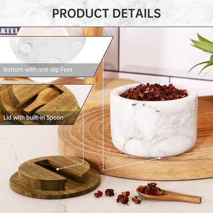 Salt and Pepper Bowl, Marble Salt Cellar and Spices Storage Container With Built-in Spoon and Acacia Wood Lid - 6.5oz Capacity (White)