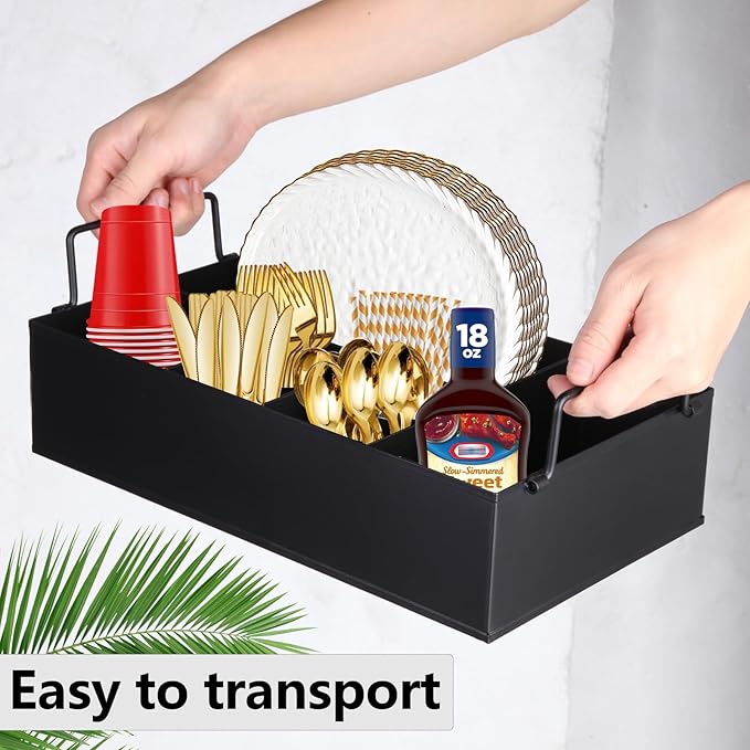 NelyBet Paper Plate Dispenser Holders Utensil Caddy for Countertop,Outdoor Silverware Caddy, Picnic and Camping Utensil Holder, Flatware Organize with Handle for Party Gatherings, Metal (Black)