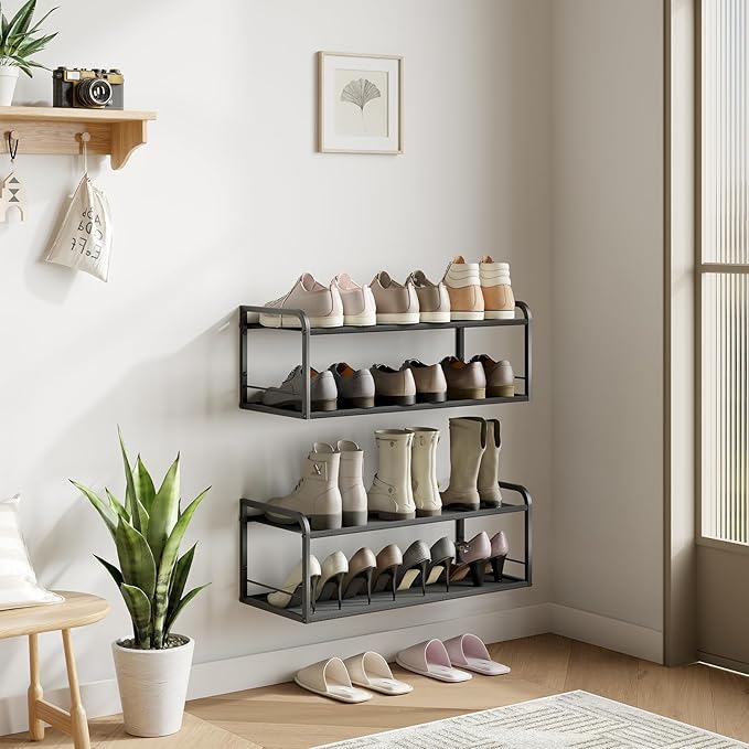 2 Pack Wall Mounted Shoe Rack, Carbon Steel Shoe Organizer with Removable Oxford Cloth, Non-Slip Space-Saving for Entryway Closet Bedroom, Black