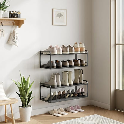 2 Pack Wall Mounted Shoe Rack, Carbon Steel Shoe Organizer with Removable Oxford Cloth, Non-Slip Space-Saving for Entryway Closet Bedroom, Black