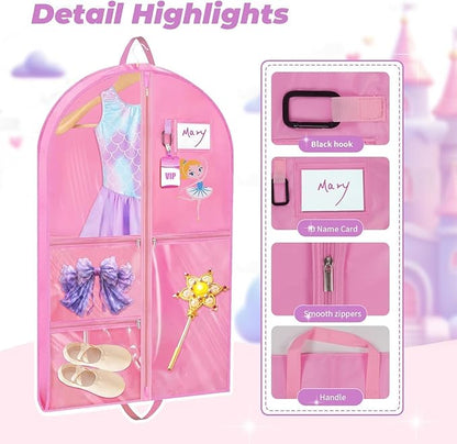 2 Pack Hanging Dance Garment Bag, 40 Inch Waterproof Costumes Bag for Travel, Pink Clothes Bag with 5 Pockets for Dance, Sports, Skating, Beauty Pageants, Theatre