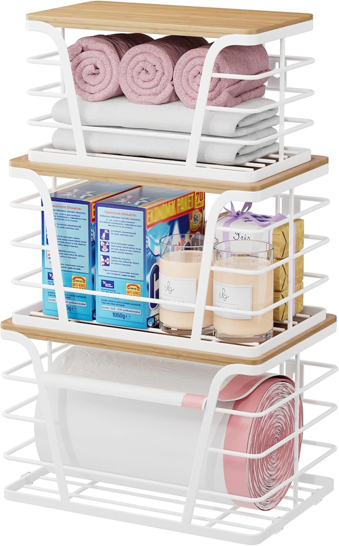 TIDIIABODE 3 Pack Trash Bag Holder Dispenser,Kitchen Organization and Storage, Stackable Storage Bins with Lids, White