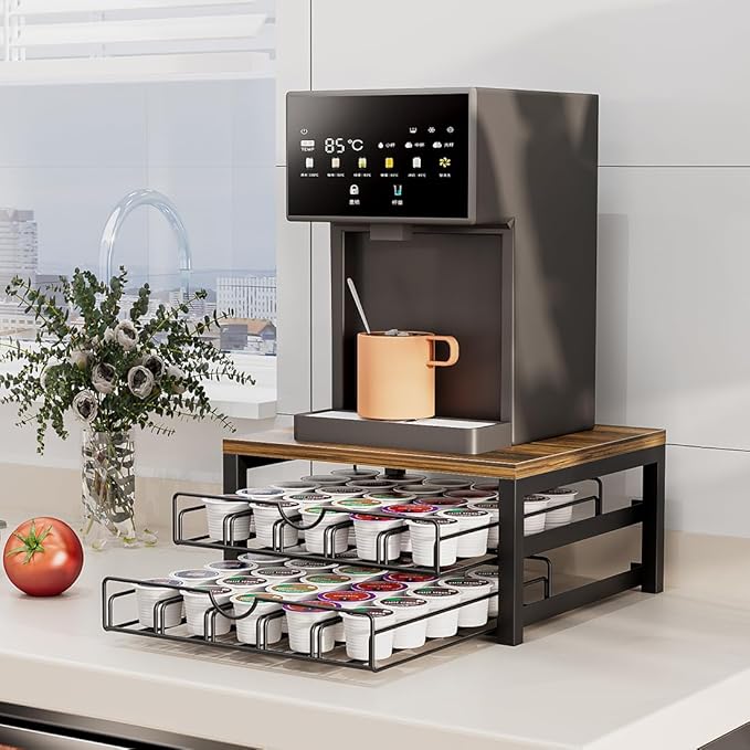 Coffee Pod Holder Drawer 2 Tier for K Cup Capsule Pods Storage Organizer Under Coffee Pot Storage Sliding Drawer (Black, 2 Tier)