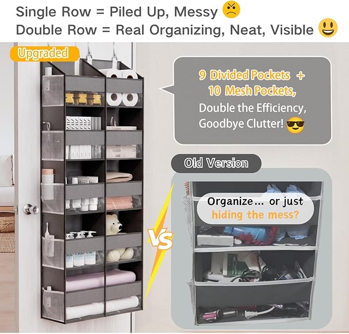 Over The Door Organizer with 5 Shelves, 9 Compartments + 10 Side Pockets, 90+ lbs Weight Capacity, Heavy-Duty Behind the Door Organizer Hanging Closet Organizer and Storage for Room Essentials (Grey)