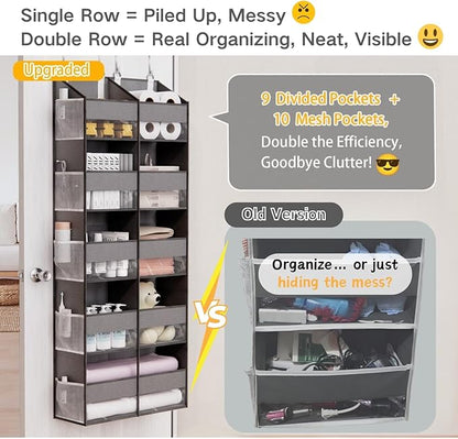 Over The Door Organizer with 5 Shelves, 9 Compartments + 10 Side Pockets, 90+ lbs Weight Capacity, Heavy-Duty Behind the Door Organizer Hanging Closet Organizer and Storage for Room Essentials (Grey)