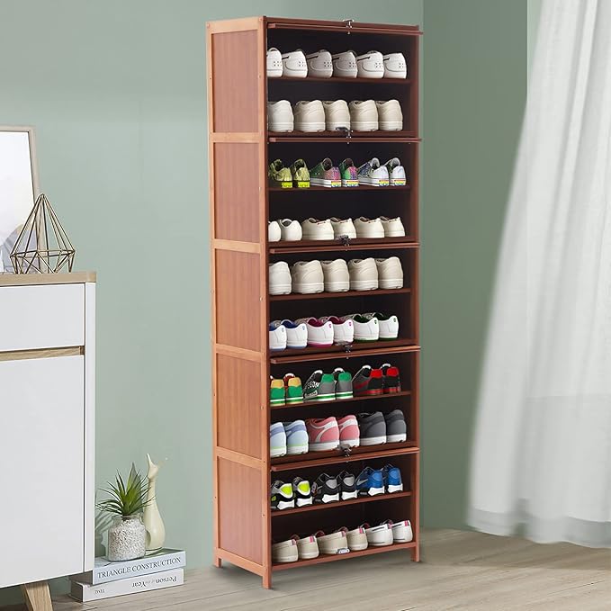 10 Tiers 20-Pair Shoe Storage Cabinet Tall Bamboo Hidden Shoe Storage Free Standing Shoe Rack with Concealed Sliding Doors for Living Room Entrance and Bedroom