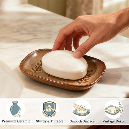 HighHerz Aesthetic Ceramic Soap Dish for Shower, Soap Holder with Raised Relief, Shower Soap Dish for Shampoo Bar Or Sponge, Soap Saver for Bathroom, Kitchen, Sink, Decorative Soap Tray (Brown)