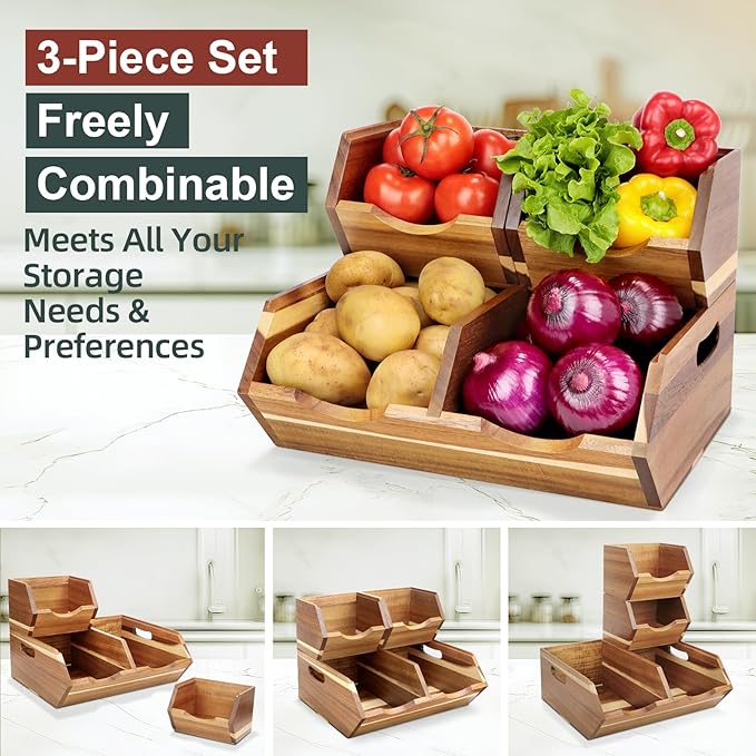 Acacia Wood Pantry Storage Bins, Stackable Potato and Onion Storage Bins for Kitchen Countertop, Set of 3 Wooden Pantry Organizer Baskets for Fruit, Vegetable, Snack