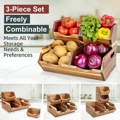Acacia Wood Pantry Storage Bins, Stackable Potato and Onion Storage Bins for Kitchen Countertop, Set of 3 Wooden Pantry Organizer Baskets for Fruit, Vegetable, Snack