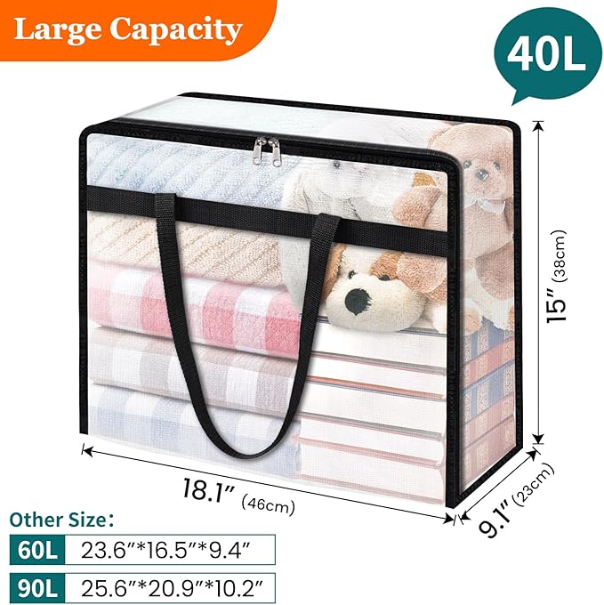 TasticTotes 4 Pack Clear Storage Bags for Comforter, Clothes & Bedding, Plastic Blanket Storage with Zipper and Handle, Moving Bags, Closet Organizer and Under-Bed Storage (40L)